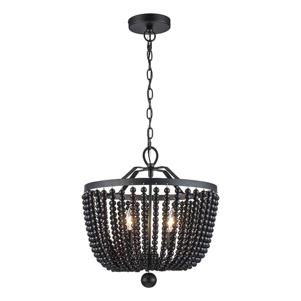 Monteaux Lighting 4-Light Black Faux Wood Beaded Pendant Light Fixture ...