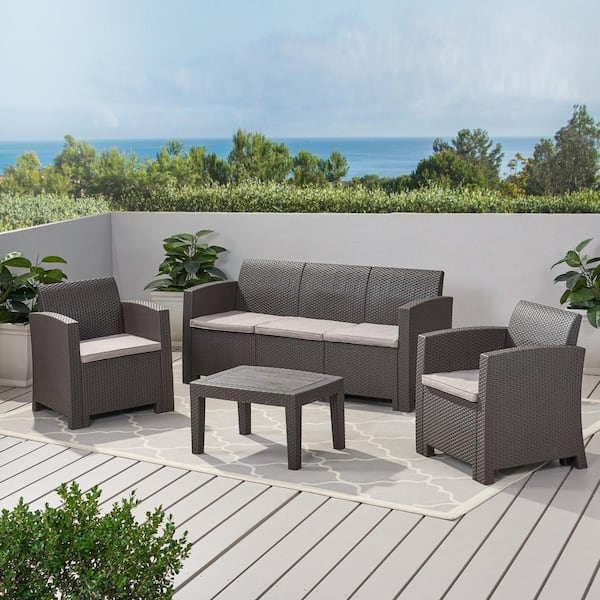 Noble House 4-Piece Faux Wicker Patio Conversation Set with Mixed Beige Cushions