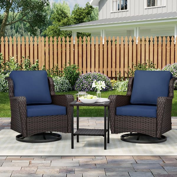 3-Piece Wicker Outdoor Rocking Chairs Swivel Chairs Patio Conversation Set Chat Set with Dark Blue Cushions and 1 Table
