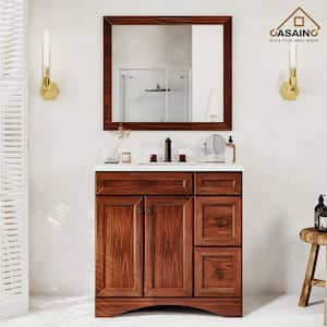 36 in. W x 22 in. D x 35.4 in. H Single Sink Freestanding Bath Vanity in Traditional Brown with Carrara Top and Mirror