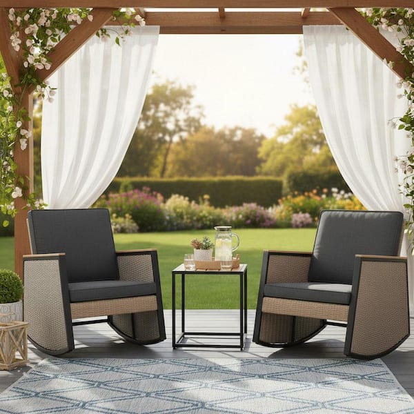 Madrid 3-Piece Light Brown Wicker Outdoor Rocking Lounge Chair Set with Dark Gray Cushions