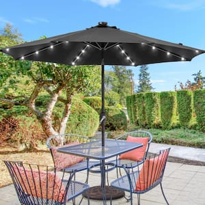 9 ft. Solar LED Market Patio Umbrellas with Solar Lights and Tilt Button in Dull Black
