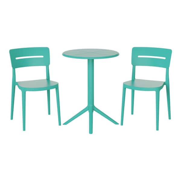 Frond and Form Outdoor Patio Modern HDPE Plastic 3-Piece Indoor/Outdoor Bistro Set w/ Stackable Chairs, Turquoise