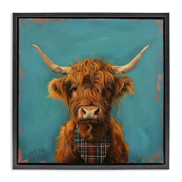 Stupell Industries Highland Cow on Blue by LSR Design Studio Black Floater Frame Animal Graphic Art Print 25 in. x 25 in.