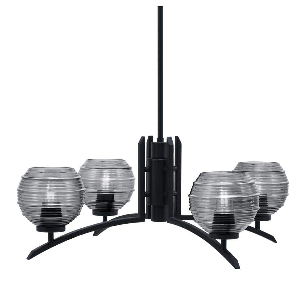 Siena 27.5 in. 4 Light Matte Black Chandelier with Smoke Ribbed Glass Shade