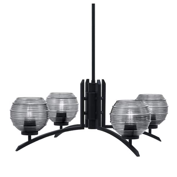 Unbranded Siena 27.5 in. 4 Light Matte Black Chandelier with Smoke Ribbed Glass Shades