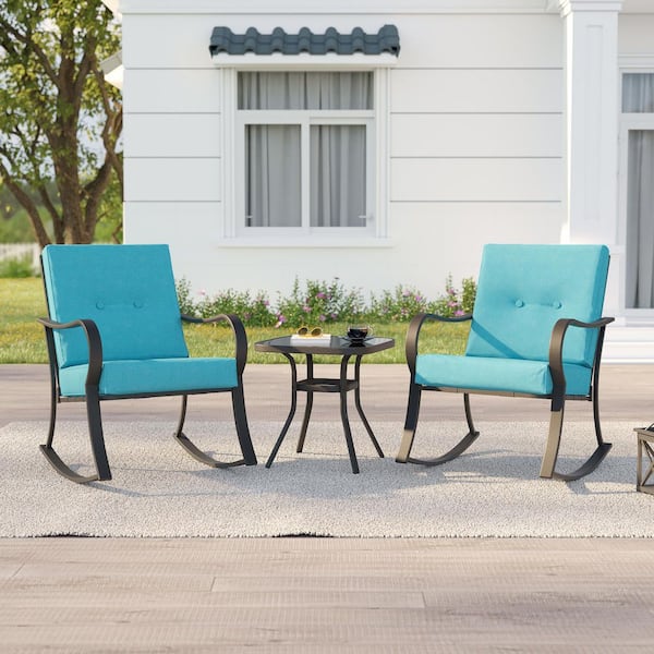 3-Piece Black Metal Frame Outdoor Bistro Set 2-Rocking Chairs with Lake Blue Cushions and Tempered Glass Side Table
