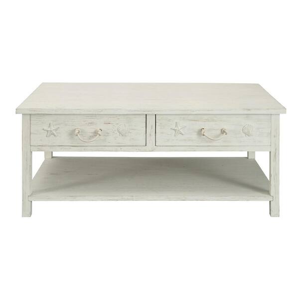 Coast to Coast Accents Sanibel 48 in. White Rub Large Rectangle Wood Coffee Table with 4-Drawers