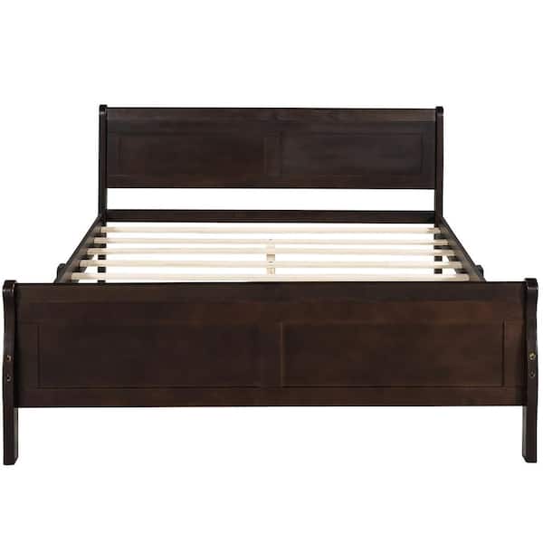 Unbranded Dark Brown Frame Full Size Wood Platform Bed with Headboard and Wooden Slat Support