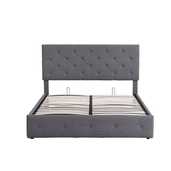 ANBAZAR 64 in. W Queen Size Gray Linen Upholstered Platform