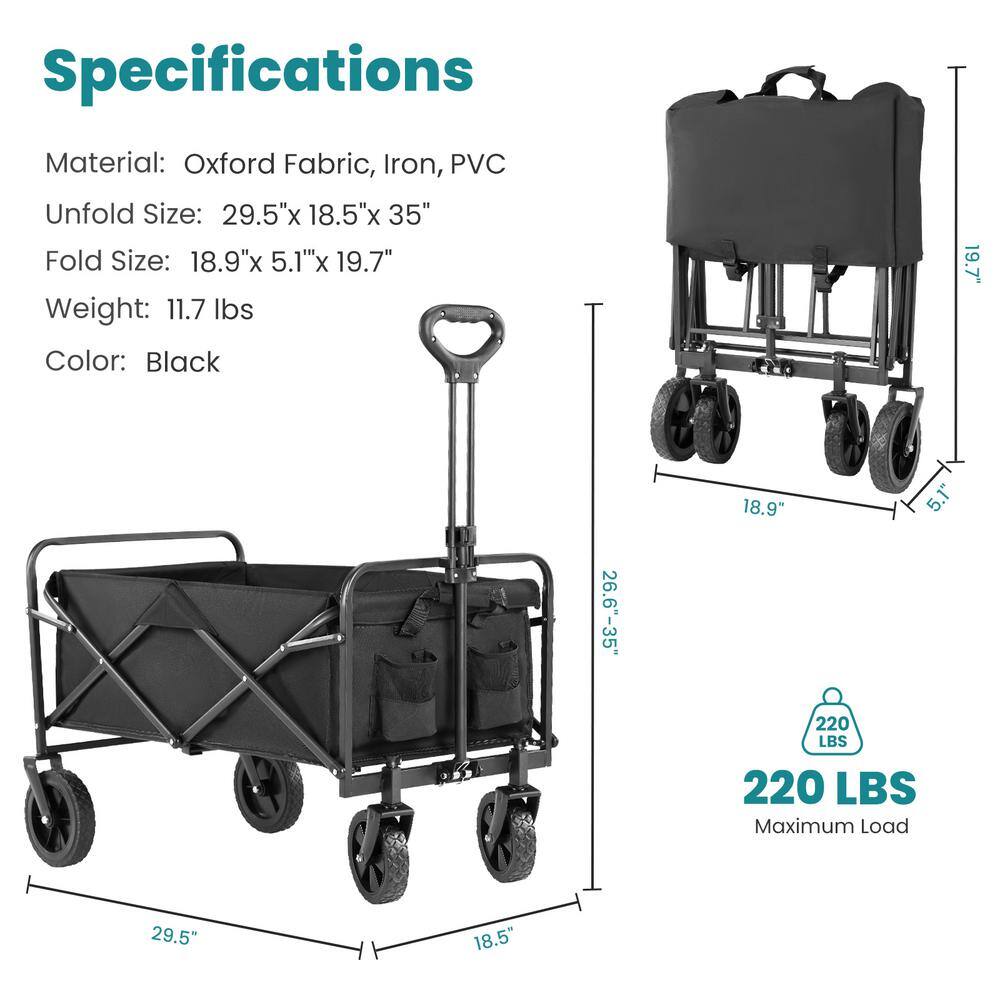 10.9 Cu. Ft. Black Metal Foldable Utility Wagon with Flat-Free Tires