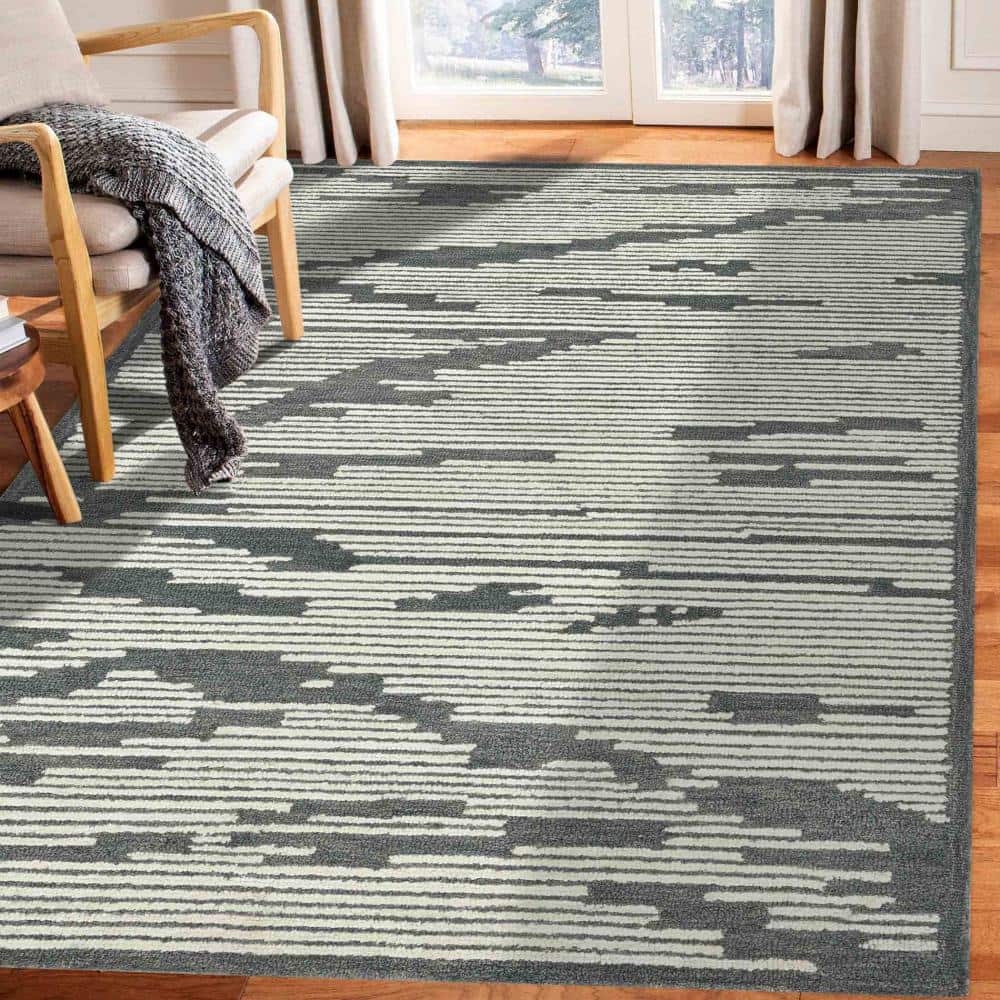 Handmade Dark Gray Geometric Wool Rectangular Rug 5' x 8'