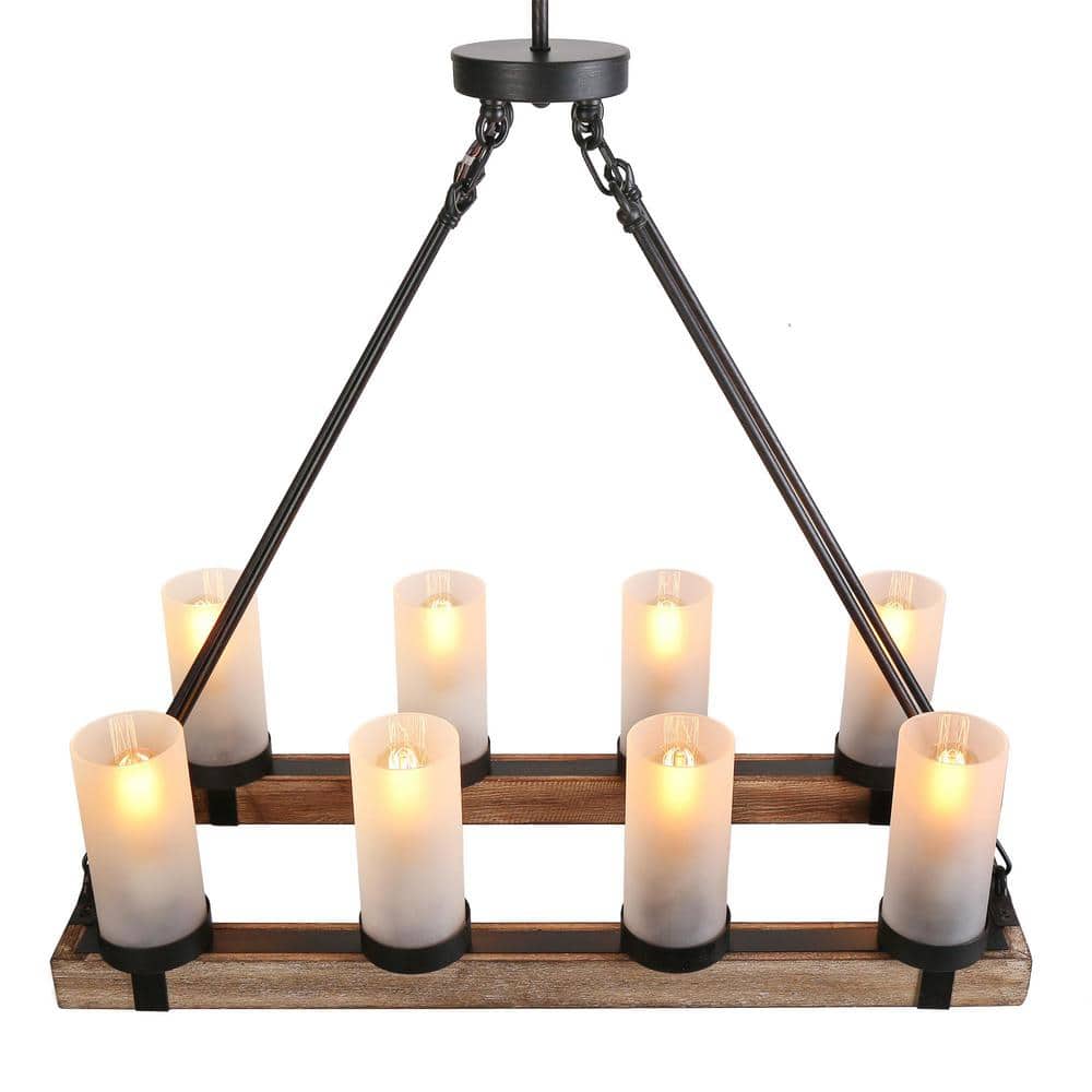 Rustic Bronze and Wood Chandelier with Frosted Glass Shades