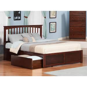 Mission Walnut King Solid Wood Storage Platform Bed with Flat Panel Foot Board and 2 Bed Drawers