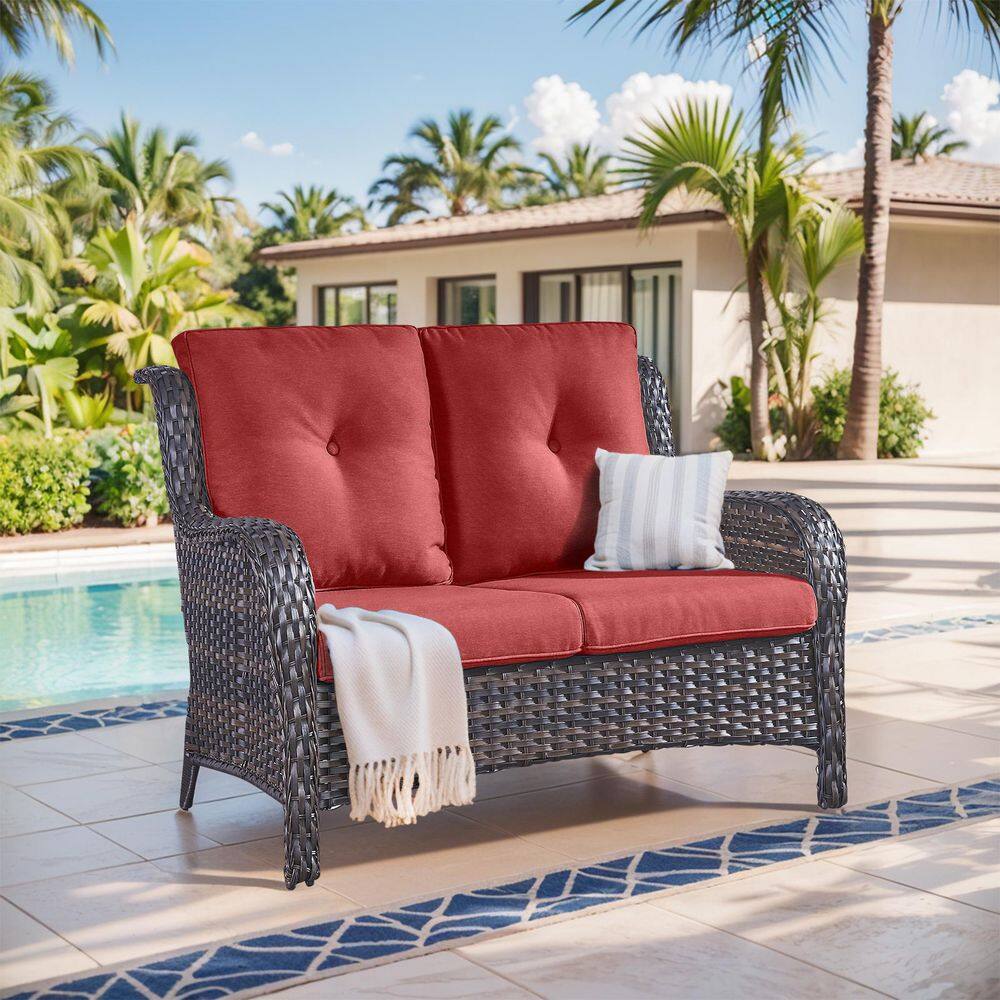 WellCane Brown Wicker 1-Piece Outdoor Loveseat 2-Seat Sofa Couch with Olefin Red Cushion, Deep Seating for Garden Porch price history on PriceWatchPro