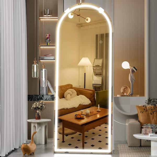Unbranded 24 in. W x 71 in. H White Frame Arch LED Full-Length Mirror, Adjustable Brightness and Colors, Tempered Glass