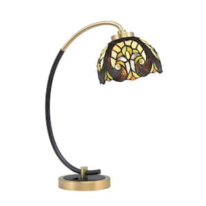 Delgado 18.25 in. Matte Black and New Age Brass Piano Desk Lamp with Ivory Cypress Art Glass Shade