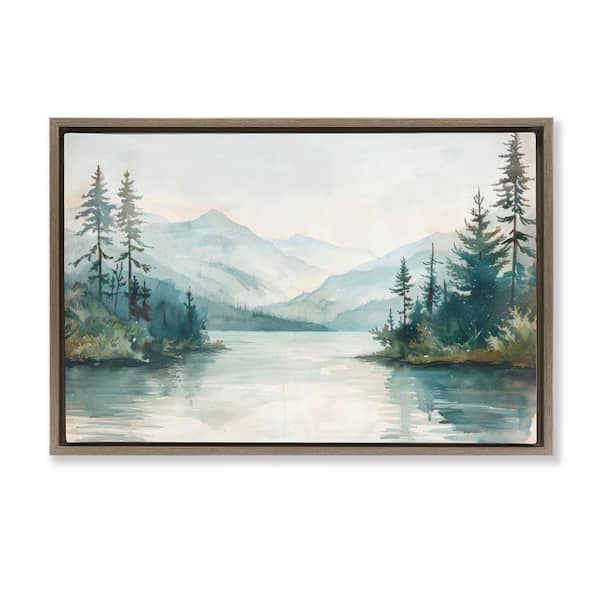 Mountain Lake in Springtime by LSR Design Studio Brown Floater Frame Nature Graphic Art Print 21 in. x 31 in.