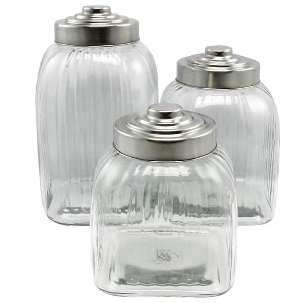 General Store Cottage Chic 3-Piece Clear Glass Canister Set with Stainless Steel Lid Set