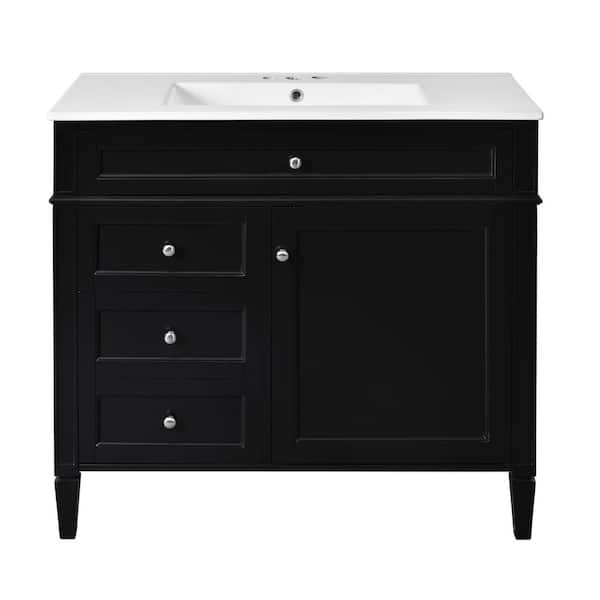 36 in. Single Sink Freestanding Black Bath Vanity with White Ceramic Top, Adjustable Shelf, 3-Drawers, Door Racks