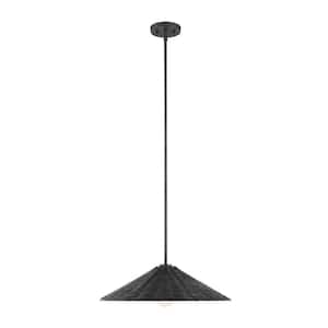 20 in. 1-Light Matte Black Shaded Pendant Light with Natural Rattan Shade