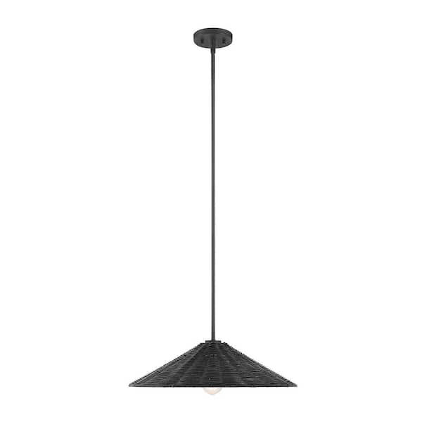 Savoy House 20 in. 1-Light Matte Black Shaded Pendant Light with Natural Rattan Shade