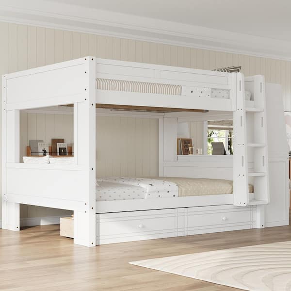 Liza White Wood Frame Full Over Full Multifunctional Bunk Bed with Drawers, Desk, Bookshelves