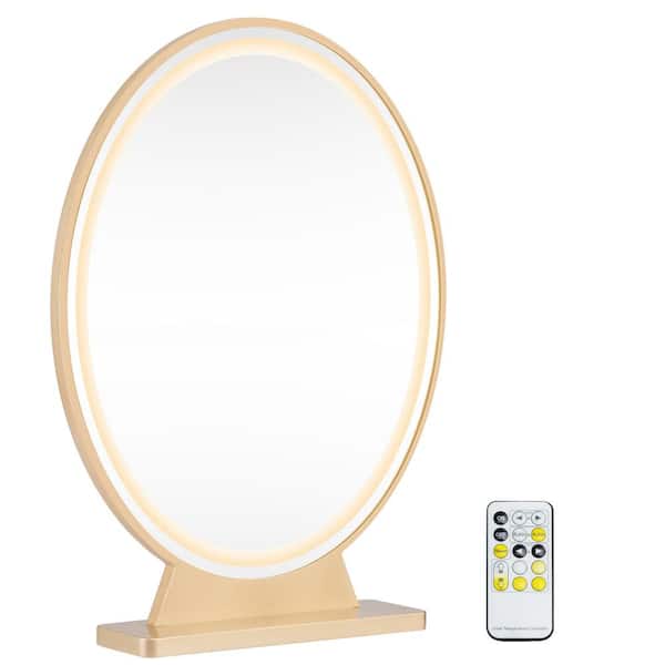 Gymax 18 In Height 24 Oval, White Round Table Top Mirror With Lights On