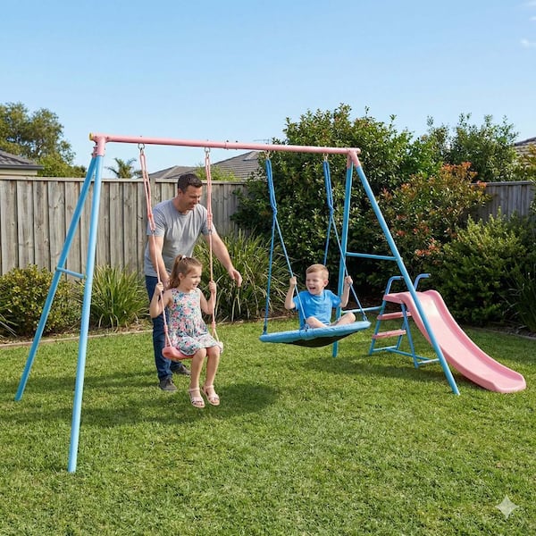 GOGEXX All-in-1 Blue and Pink Swing Set with Slide for Outdoor Fun