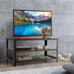 3-Tier Industrial TV Stand Entertainment Media Center Console w/Metal Mesh Shelf Rustic Brown