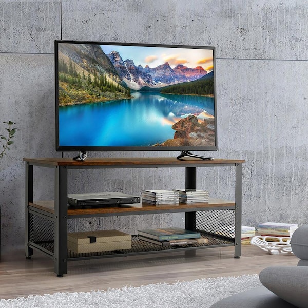 3-Tier Industrial TV Stand Entertainment Media Center Console with Metal Mesh Shelf Rustic Brown