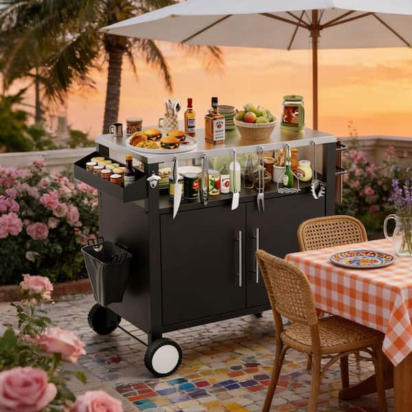 Black Steel Outdoor Serving Cart with 2-Door Storage, Locking Wheels and Spice Rack