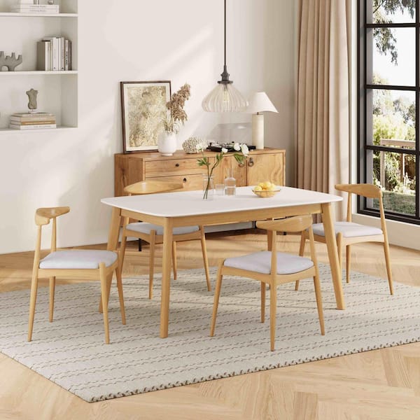 5-Piece Rectangle Beige/White/Oak Wood Top Dining Room Set Seats 4