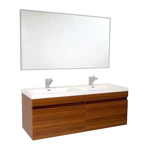 Largo 57 in. Double Vanity in Teak with Acrylic Vanity Top in White with White Basins and Mirror (Faucet Not Included)