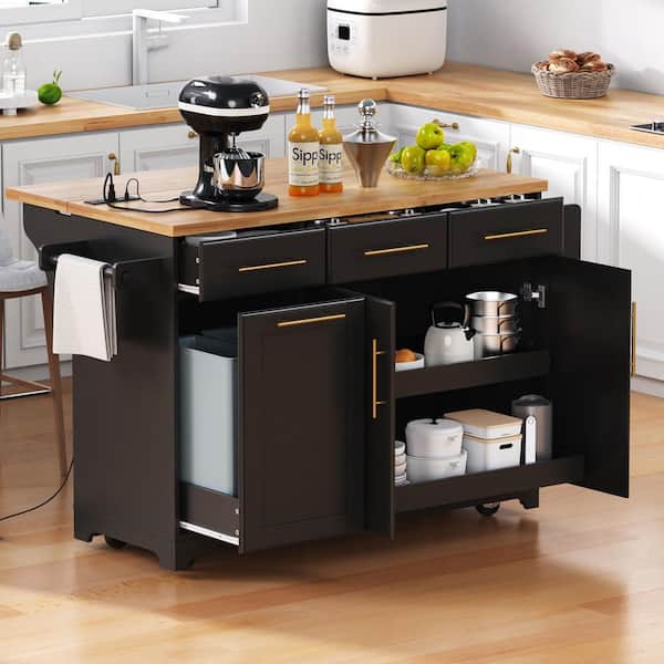 Farmhouse Black Wood 59.3 in. Drop Leaf Power Outlet Kitchen Island with Trash Can Storage and 2 Pull Out Organizers