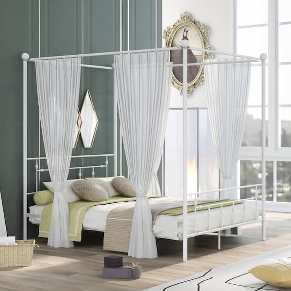 Metal Canopy Platform Bed Frame, White Metal Queen Headboard And Footboard