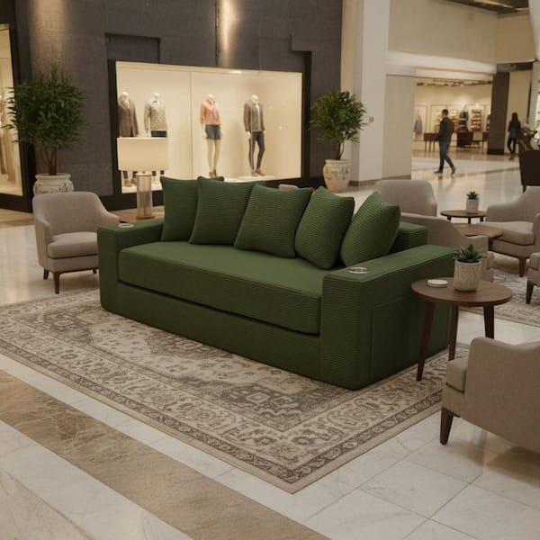 FIGH 76 in. Hunter Green Corduroy King Size Convertible Sofa Bed with Storage Pockets, Cup Holders and 5 Pillows