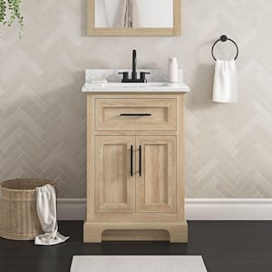 Doveton 24 in. Single Sink Freestanding Weathered Tan Bath Vanity with White Engineered Marble Top (Assembled)