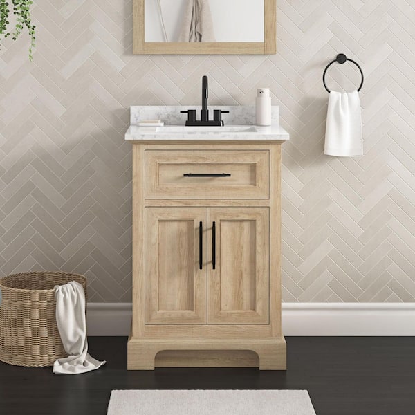 Doveton 24 in. Single Sink Freestanding Weathered Tan Bath Vanity with White Engineered Marble Top (Assembled)