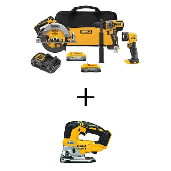 DEWALT 20V MAX Lithium-Ion Cordless 3-Tool Combo Kit and Brushless Jigsaw with 5.0 Ah Battery and 1.7 Ah Battery