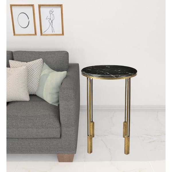 HomeRoots 16 in. Black and Gold Round Marble End Table