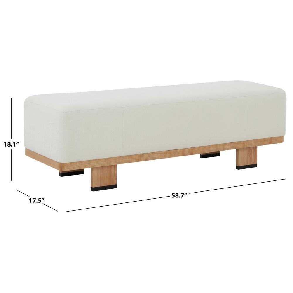 Ivory Boucle Upholstered Bench with Ash Wood Base, 59"