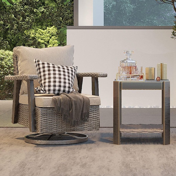 2-Piece Wicker Outdoor Bistro Set Patio Swivel Chair with Beige Cushions and Coffee Side Table Steel Frame Furniture Set