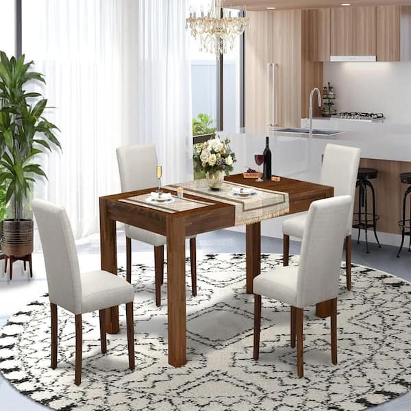 East West Furniture 7-Piece Rectangle Distressed Jacobean Finish Solid Wood Top Dining Table with 6 Parson Chairs with Lattice Back