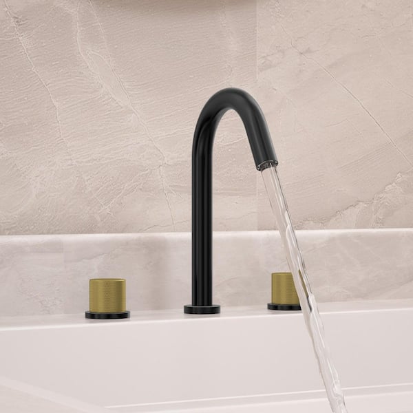 8 in. Widespread Double Handle High-Arc Bathroom Faucet with Drain Assembly Included in Black & Gold