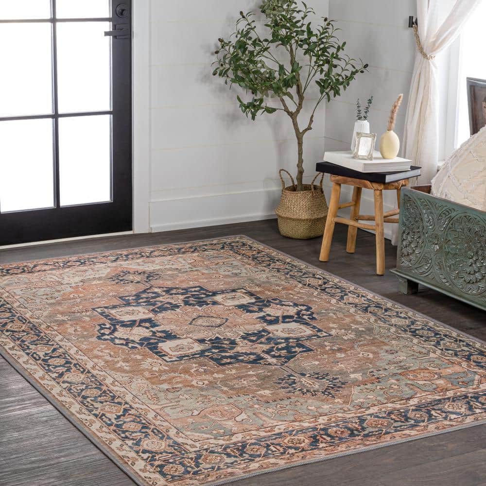 Maris Ornate Medallion Machine-Washable Beige and Blue Chenille 4' x 6' Area Rug