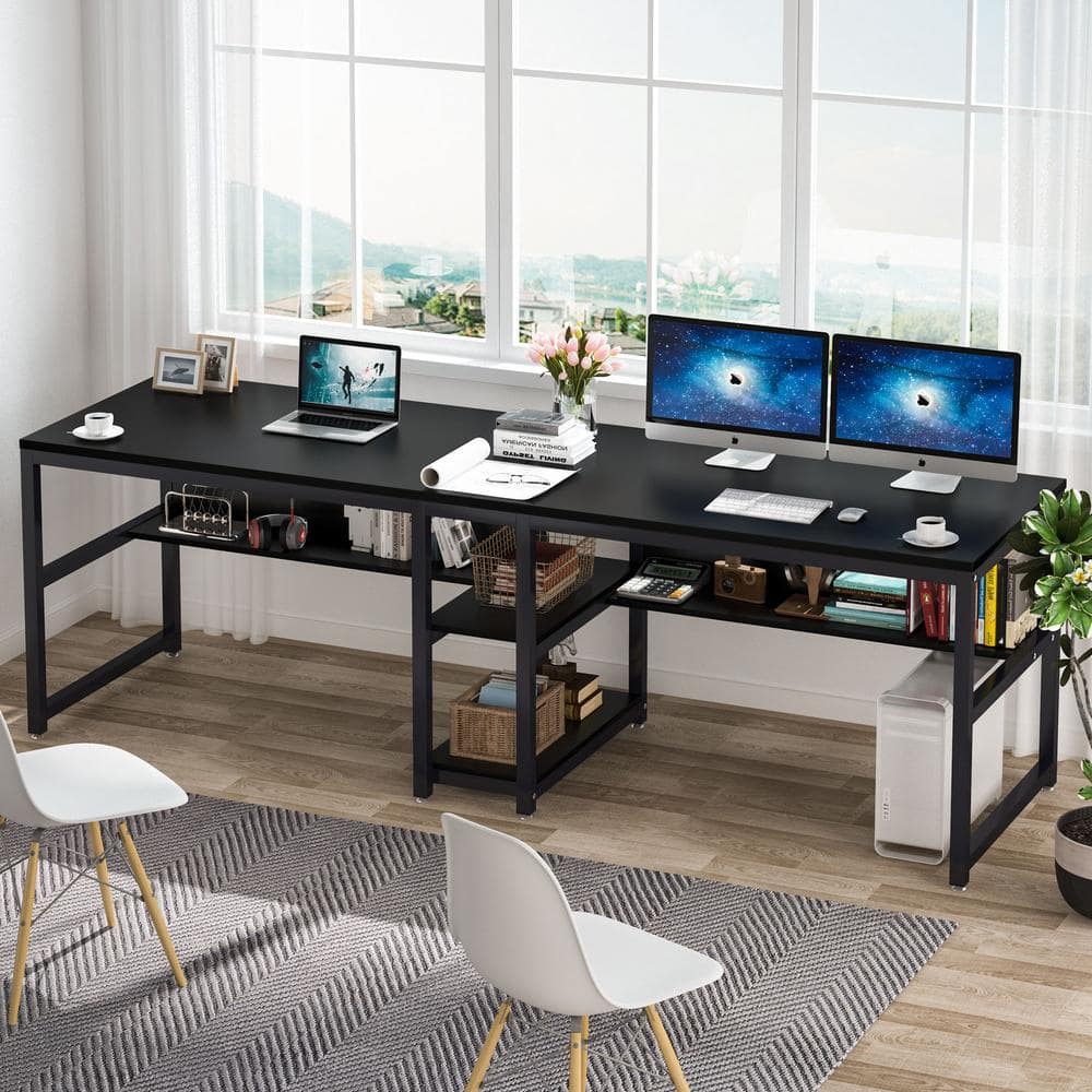 Black Double Workstation Desk with Shelves for Two