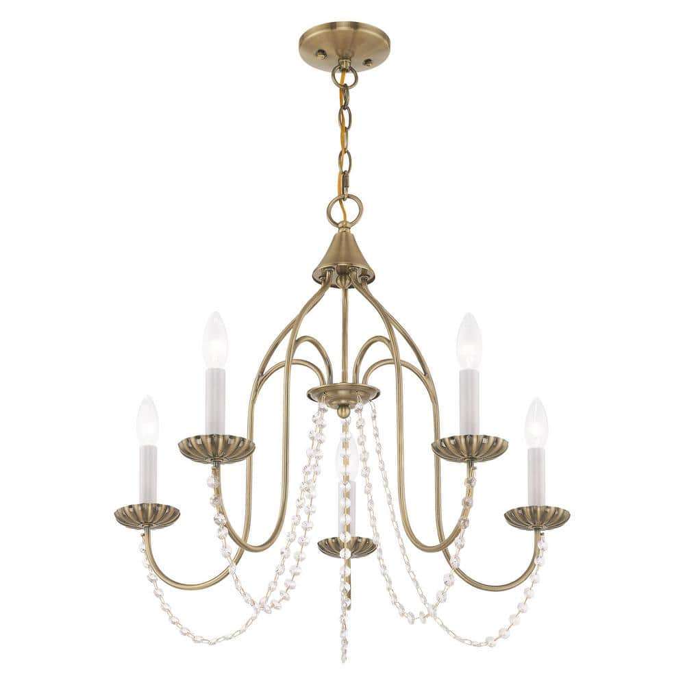 Antique Brass Mini 5-Light Crystal Candle Chandelier