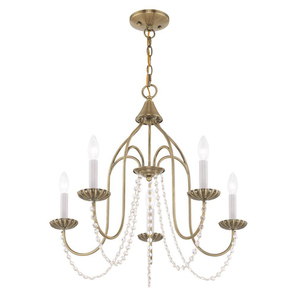 Antique Brass Mini 5-Light Crystal Candle Chandelier