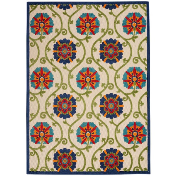 Nourison Aloha Easy-Care Blue/Multicolor 4 ft. x 6 ft. Floral Modern Indoor/Outdoor Patio Area Rug